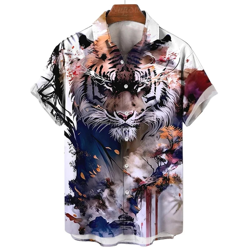 

Animal 3d Tiger Print Hawaiian Shirt For Men Fierce Beast Graphic Short Sleeved Casual Cool Oversized Shirts Street Tops Blouse