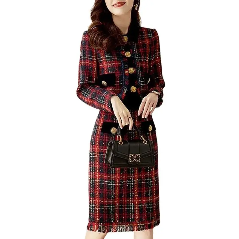 

Fall Winter Runway Designer Women Tweed Woolen Dress Set Vintage Plaid Jacket Coat And Skirt Suit Lady Office 2 Piece Outfit