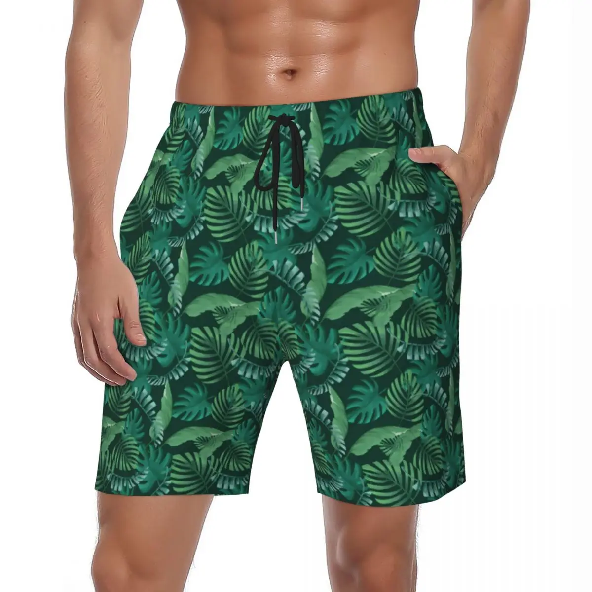 

Мужские пляжные шорты с зелеными пальмовыми листьями, Гавайские плавки с тропическим принтом листьев, быстросохнущие спортивные шорты для фитнеса