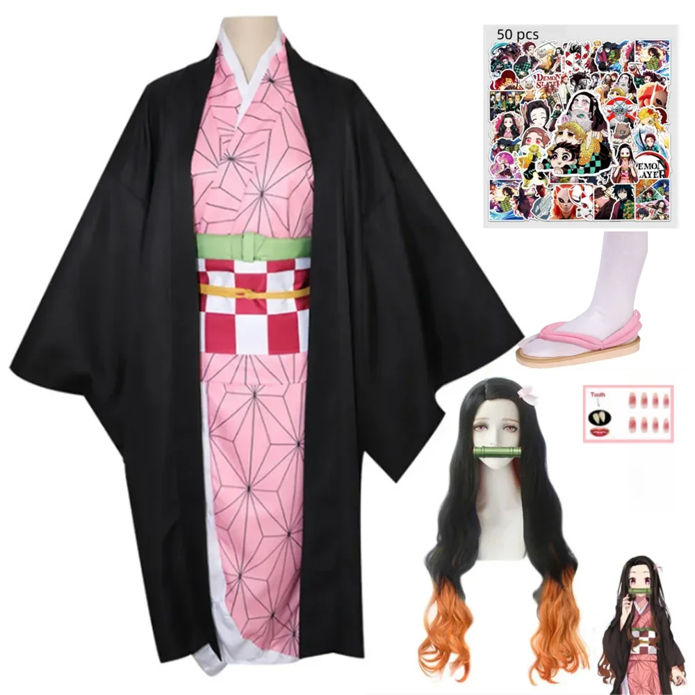 

Anime Kamado Nezuko Cosplay Costume Kimono Wig Set Shoes Halloween Party For Woman Clothes