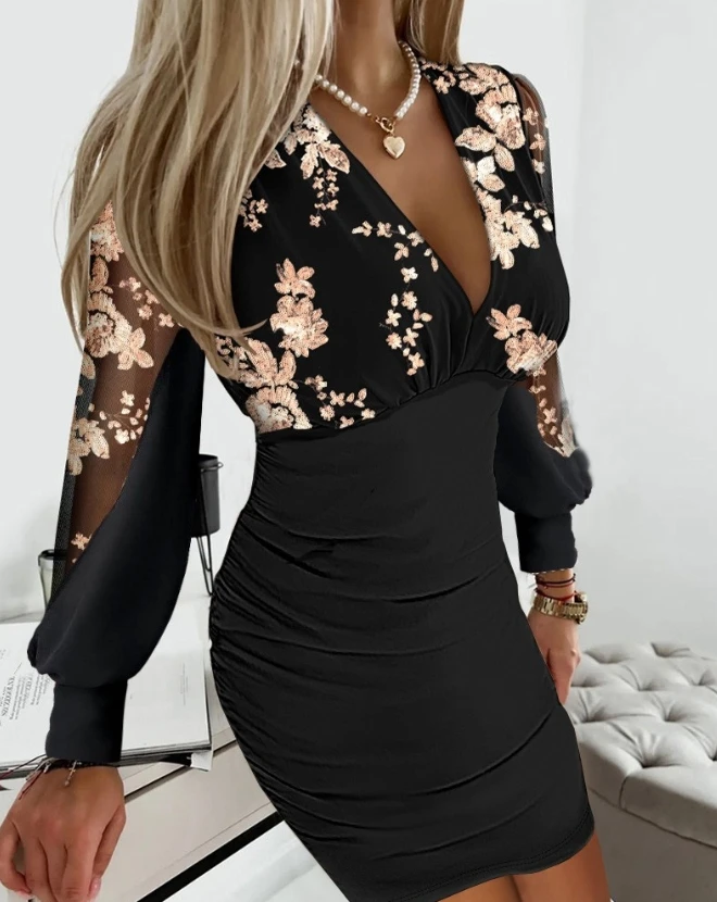 

Elegant Dresses for Women 2023 Autumn Fashion New Long Sleeve Plunge Floral Sequin Sheer Mesh Patch Ruched Bodycon Mini Dress