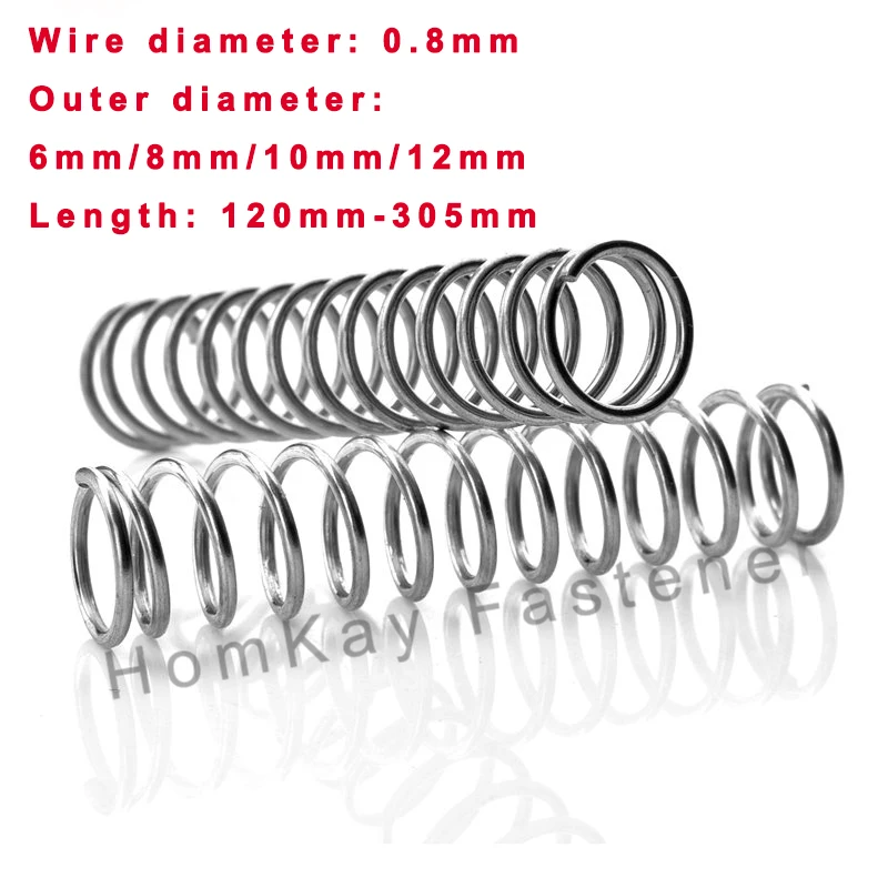 

1/2/3/5/10 Pcs 304 Stainless Steel Compression Spring WD 0.8mm*OD 6mm/8mm/10mm/12mm*Length 120mm-305mm Release Pressure Spring