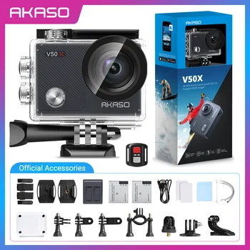 AKASO-4K 액션 카메라, V50X 터치 스크린, 4 배 줌 스포츠 카메라, 131 피트 방수 카메라, 외부 마이크 원격 제어 지원