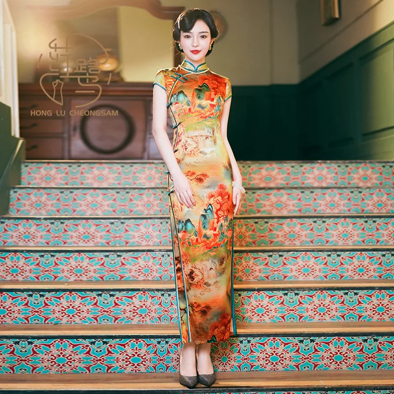 

【HONG LU】New Mulberry Silk Cheongsam High-grade Slim-fit Chinese Dress Improved Long Improved Qipao Dress