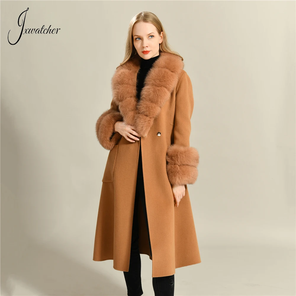 

Jxwatcher Women's Winter Coats with Real Fox Fur Collar Ladies Cashmere Wool Jackets Luxury Long Trench Coat Overcoat Female New