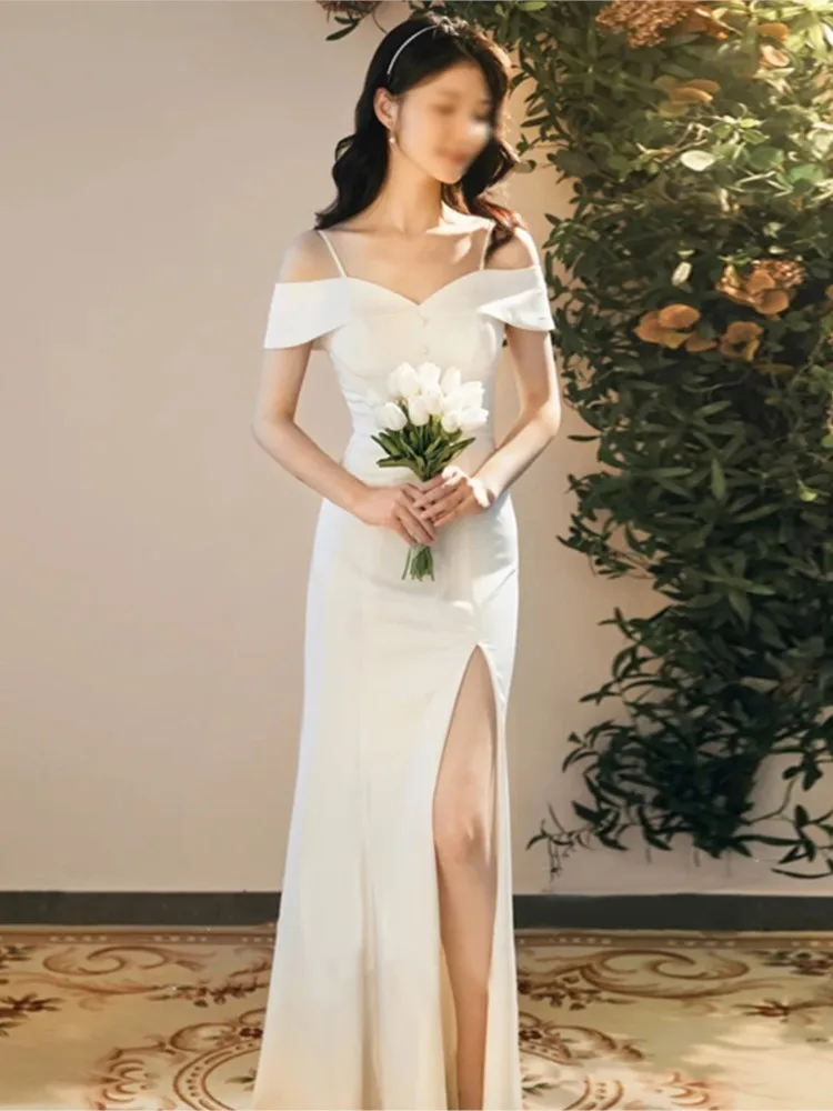 

Temperament Camisole Fishtail Light Wedding Dress Mori Travel Photography Floor-Length Veil White Simple Satin Daily Wearable