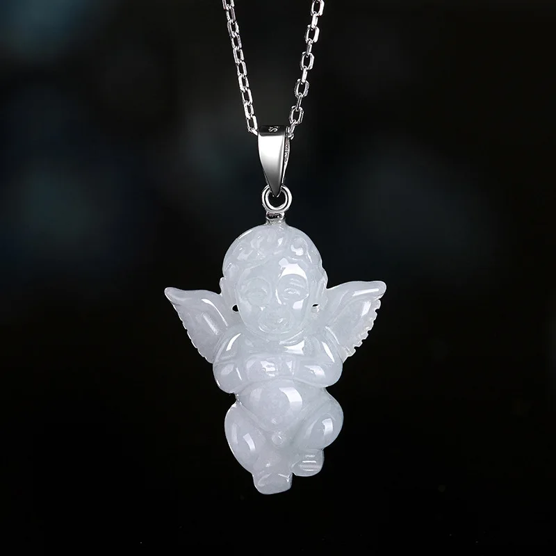 

Jia Le/ Hand-carved/ 925 Silver Inlaid Natural Jade White Angel Baby Emerald Necklace Pendant Men and Women Couple Amulet Gift