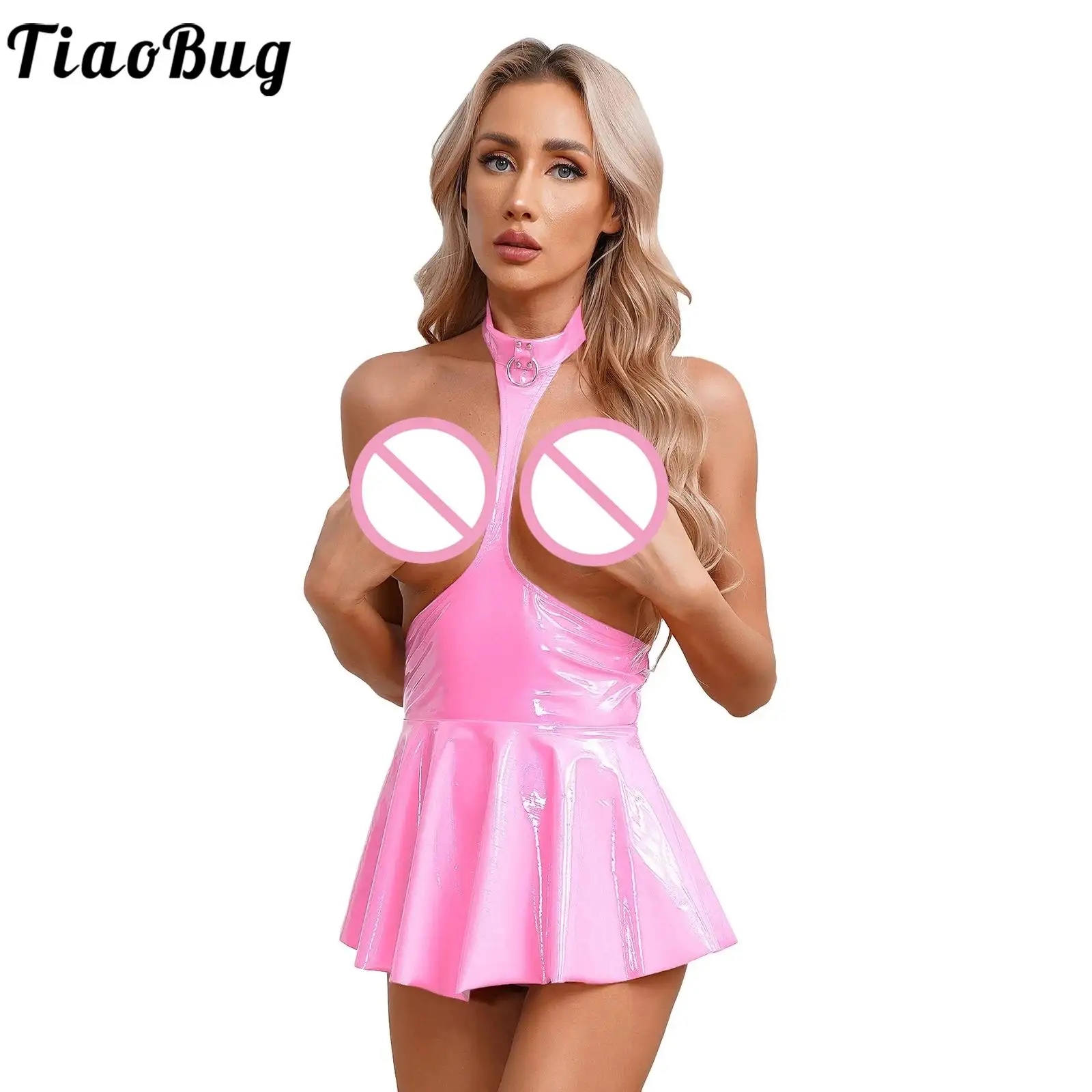 

Womens One-piece Bodysuit Underwear Cutout Chest Patent Leather Crotchless Catsuit Glossy Wet Look Long Sleeve Leotard Jumpsuit