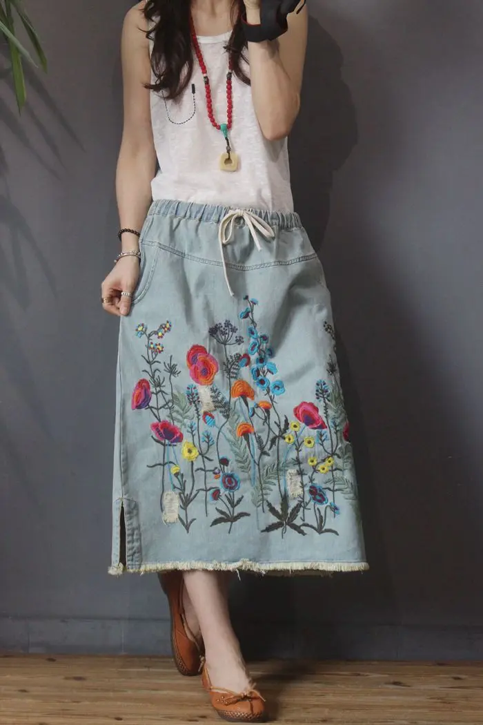 Amax luluE 2024 Fall Womens Luxury Vintage Loose Embroidery Denim Skirts Ladies Casual Floral Streetwear Females Elegant Clothes Amax luluE 2024 Fall Womens Luxury Vintage Loose Embroidery Denim Skirts Ladies Casual Floral Streetwear Females Elegant Clothes