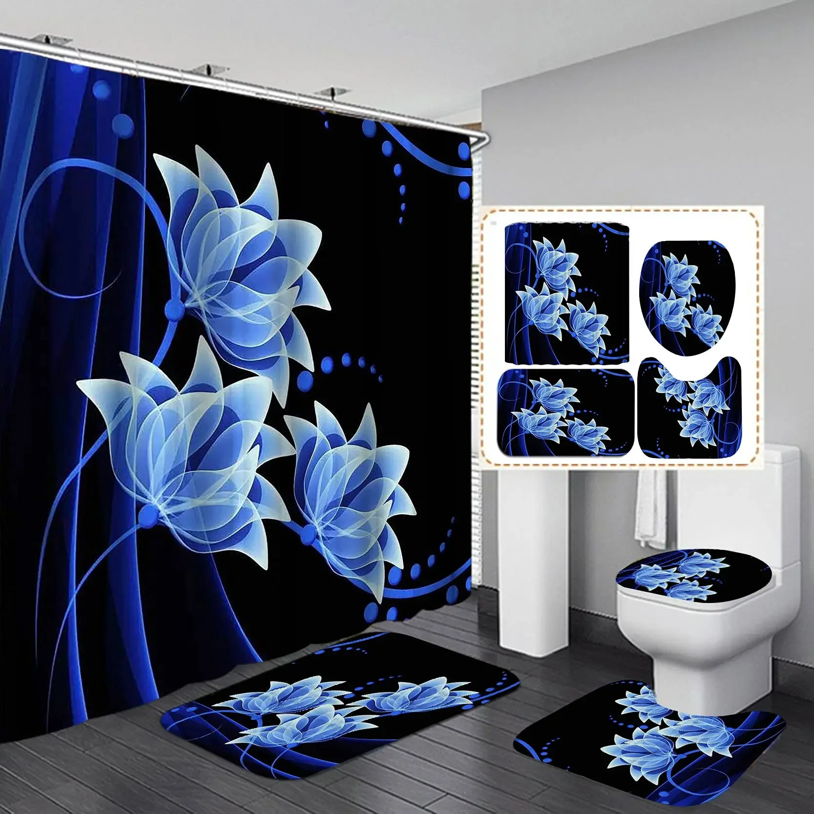 

Elegant Blue Flower Shower Curtain Set Waterproof Bathtub Curtains Non-Slip Rugs Bath Mat Toilet Lid Cover Bathroom Decor