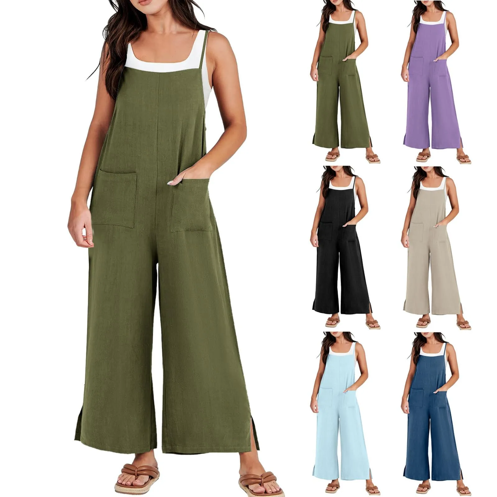 

Women Jumpsuit Casual Loose Linen Wide Leg Baggy Overalls Long Pants Beach Vacation Rompers With Pockets traf official store