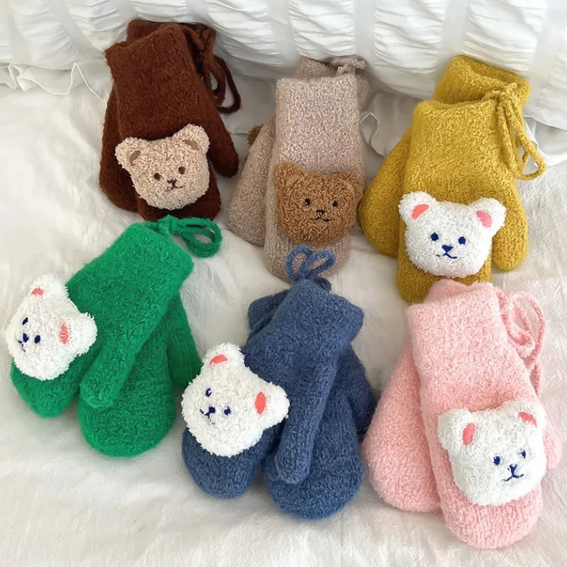 

1-4Years Cartoon Bear Baby Mittens Winter Knitted Soft Thick Warm Full Finger Mittens Gloves Children Toddler Kids Accessories