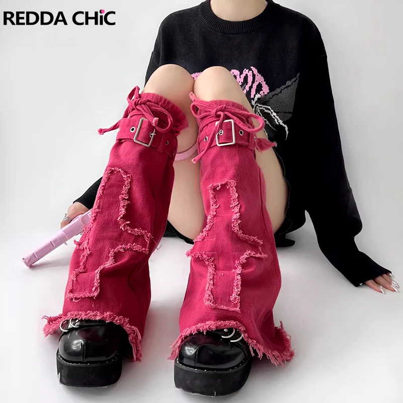 

ReddaChic Bandage Belt Cross Leg Warmers Women 90s Retro Y2k Frayed Stitch Denim Boots Cover Knee-long Socks Jk Lolita Clothes