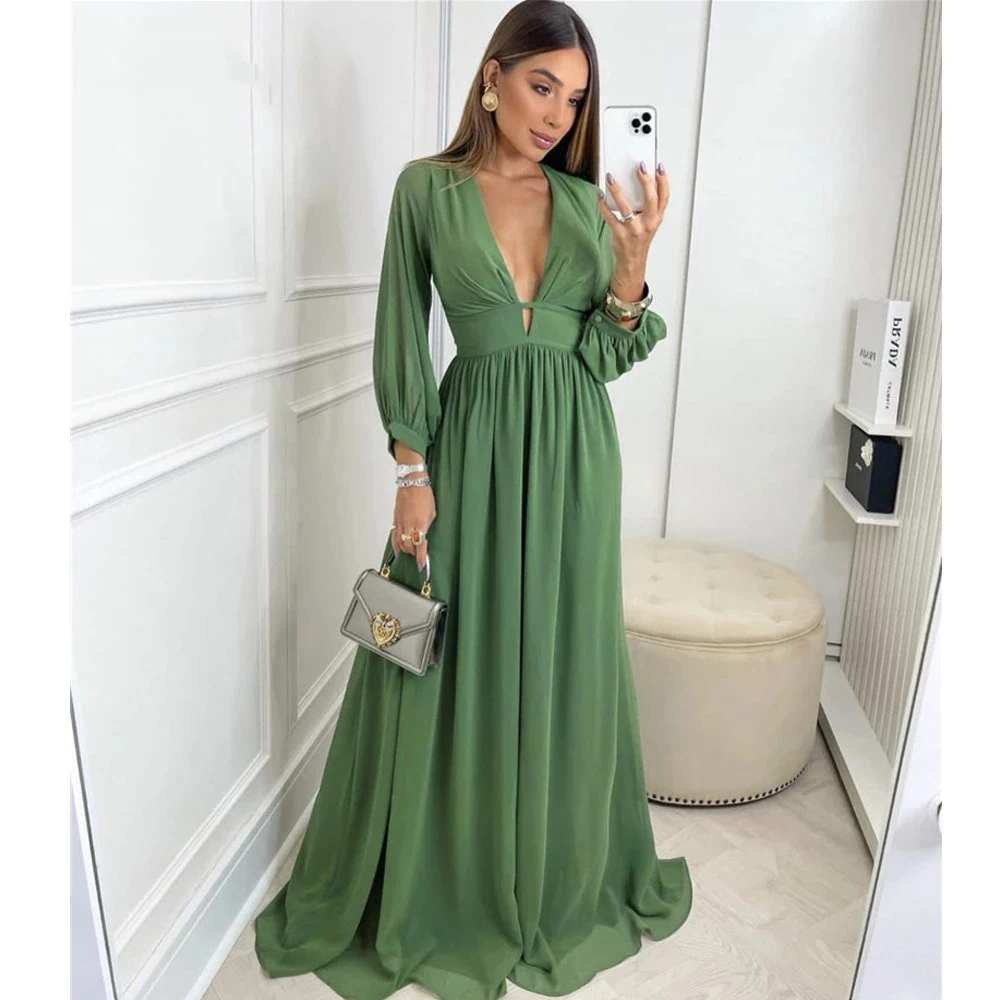 Simple A Line Dark Green Chiffon Evening Dresses Sexy Deep V Neck Long Sleeves Floor Length Women Prom Gowns Vintage Custom Made
Simple A Line Dark Green Chiffon Evening Dresses Sexy Deep V Neck Long Sleeves Floor Length Women Prom Gowns Vintage Custom Made