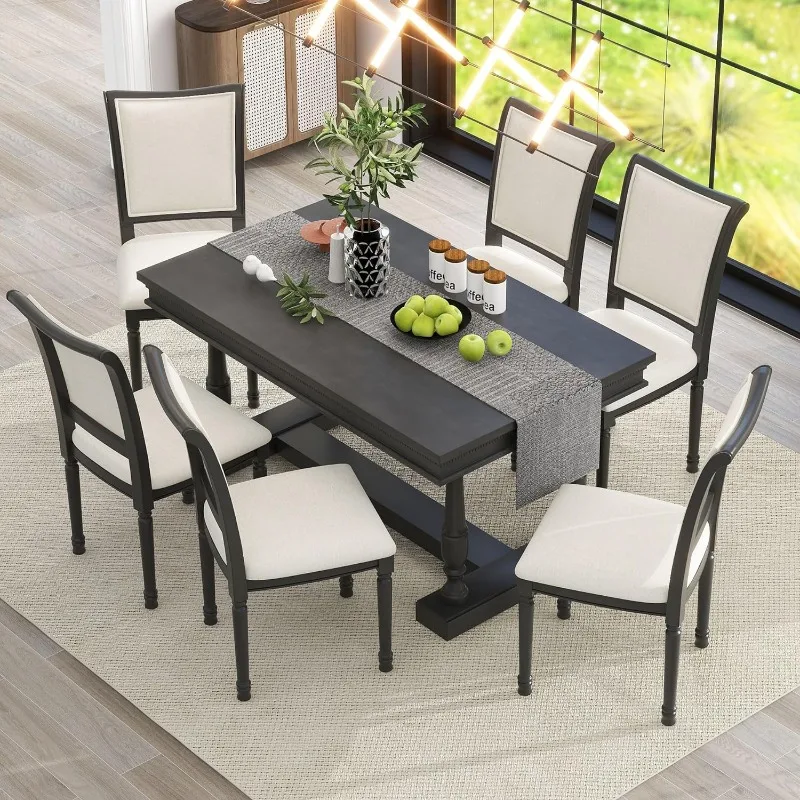 7-Piece Kitchen Dining Table Set for 6, Wood Kitchen Table and 6 Upholstered Chairs with Backrest
7-Piece Kitchen Dining Table Set for 6, Wood Kitchen Table and 6 Upholstered Chairs with Backrest