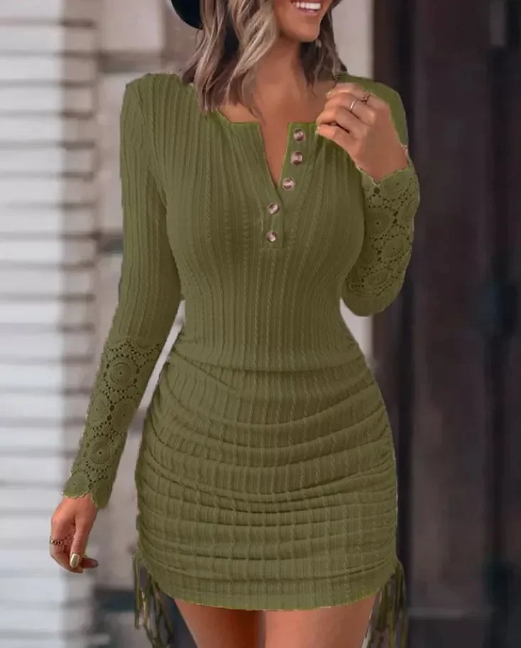 Bodycon Dress for Women Elegant Solid Lace Patch Drawstring Textured Dresses Fashion Versatile Casual Short Skirt Autumn 2023 
Bodycon Dress for Women Elegant Solid Lace Patch Drawstring Textured Dresses Fashion Versatile Casual Short Skirt Autumn 2023