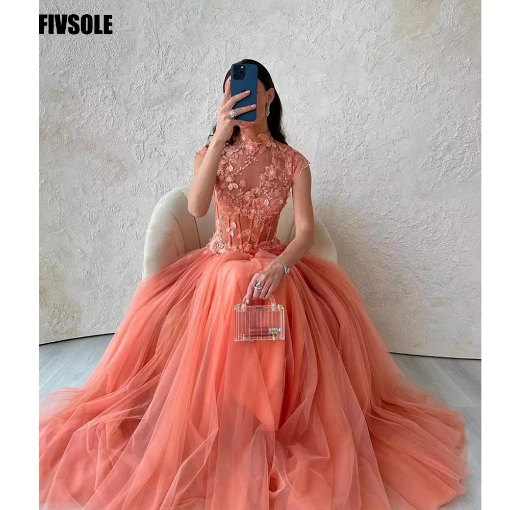 

Fivsole High neck Lace Appliques Tulle Party Dresses Sleeveless A-line Prom Gowns Long Formal Occasion Dresses Vestidos De Gala