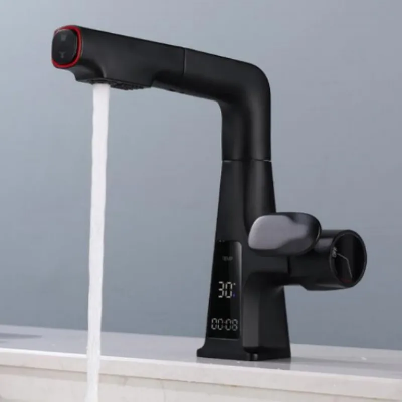 

Black Digital Temperature Display Bathroom Basin Faucet Brass Waterfall Tap Hot and Cold Water Pull Out Bathroom Sink Mixer