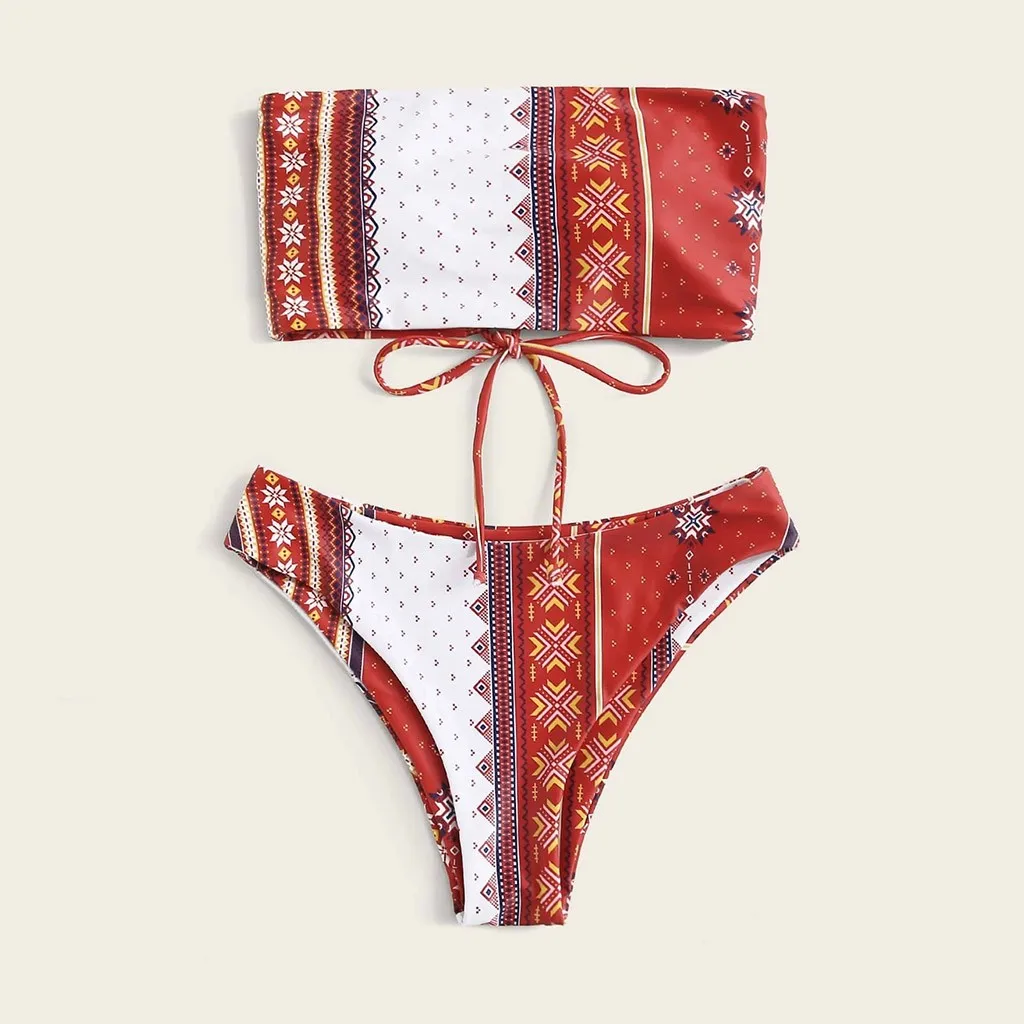 

Ethnic Print Bikinis Set Women Vintage Crisscross Push Up Bandeau Thong Two Pieces Swimsuits Sexy Swimwear Female Biquini Sets