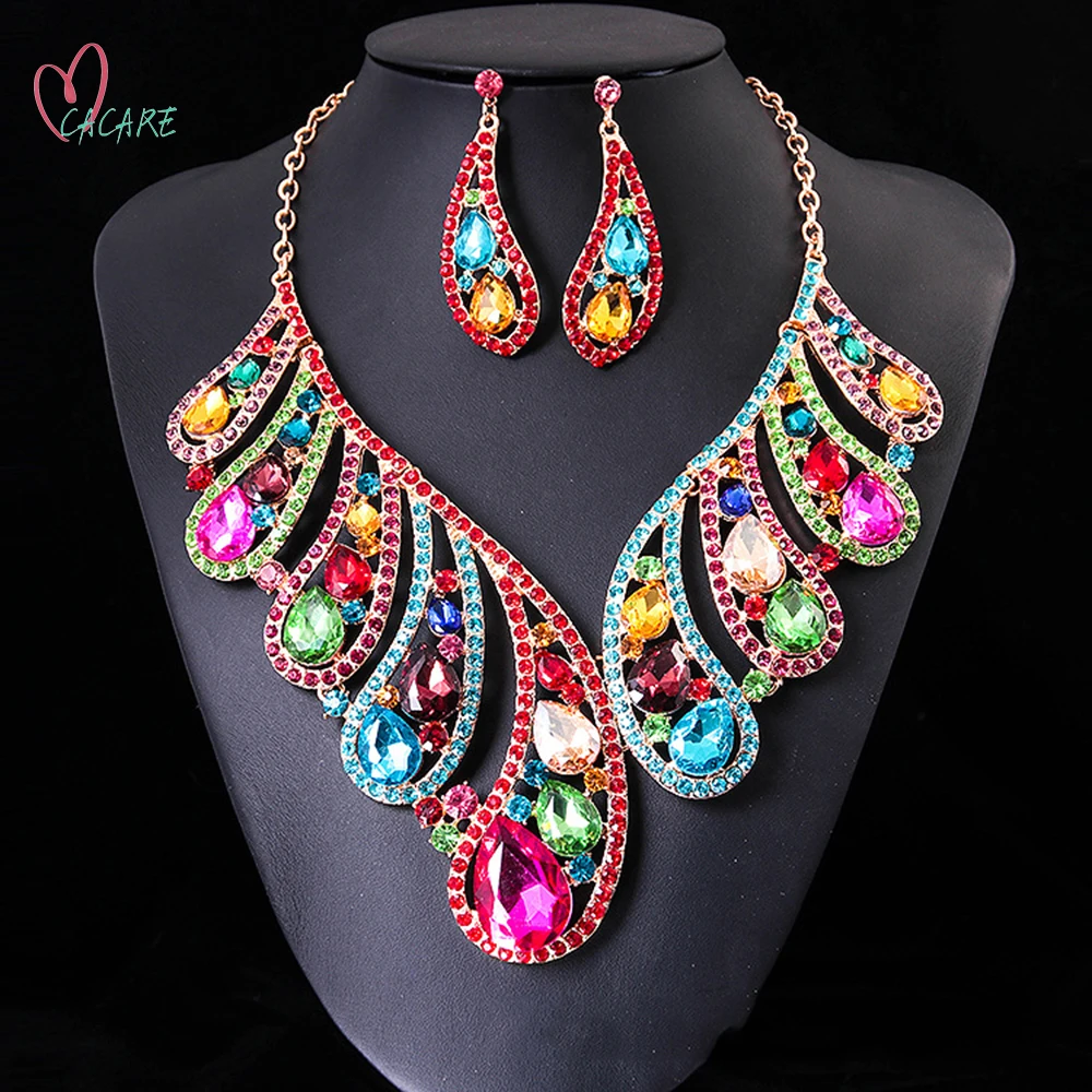 

Luxury Dubai Gold Jewelry Sets Women Big Necklace Earring Set Indian Jewellery 4 Pieces Set F1173 Rhinestone Party Jewels CACARE