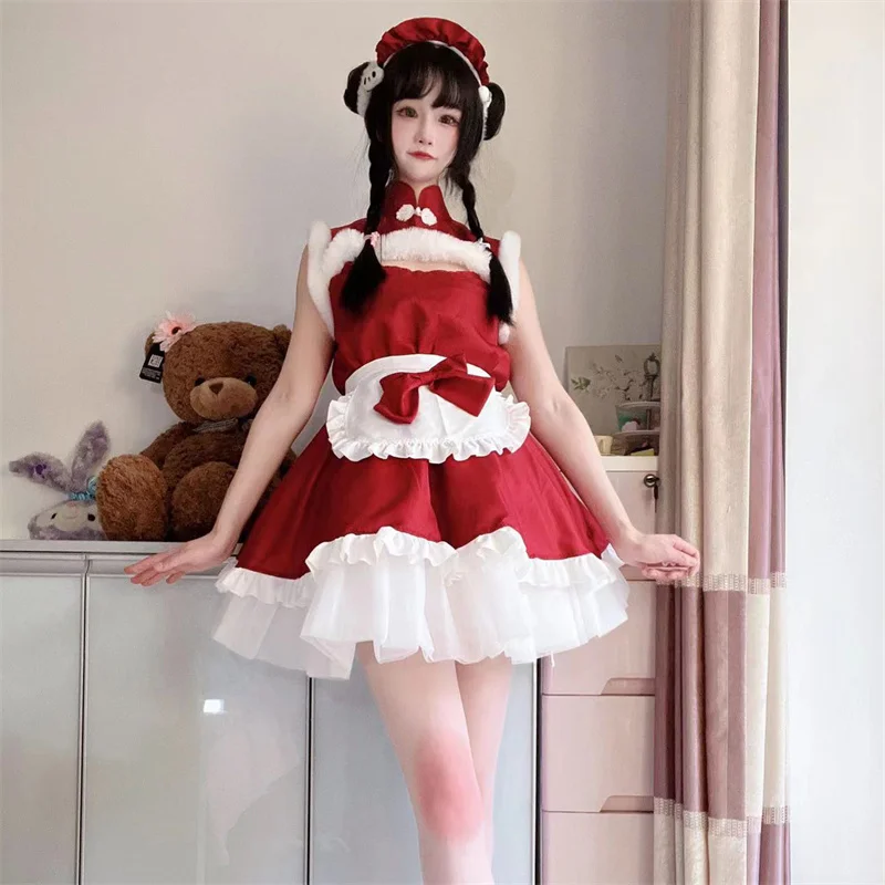 

Sweet Princess Lolita Dress Party Stage Cosplay Show Set Japanese Series Quadratic Element Sexy Red Maid Dress Bunny Uniform