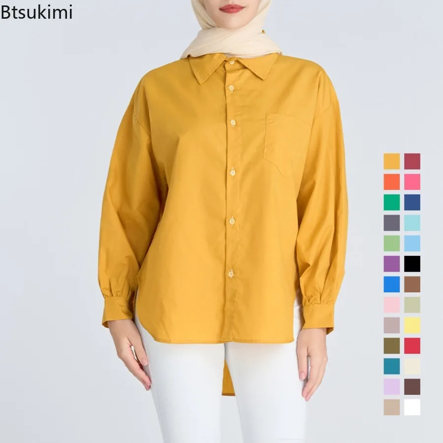 

2024 Women's Basic Long Sleeve Shirts Fashion Casual Muslim Abaya Tops Vintage Solid Lapel Simple Blouse Women Office Work Shirt