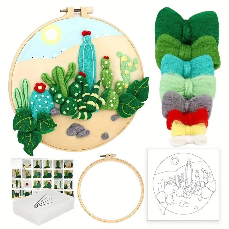 

Wool Felting Painting Kit with English Instructions Cactus Flowers Embroidery Frame Felt Crafts Package Felt Needle For Handwork