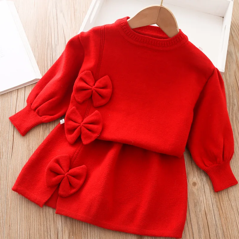 

Childrens Sets New Girls Tide Autumn Knitting Autumn Season Fashion Two Piece Round Collar Bows Striped Casual Loose