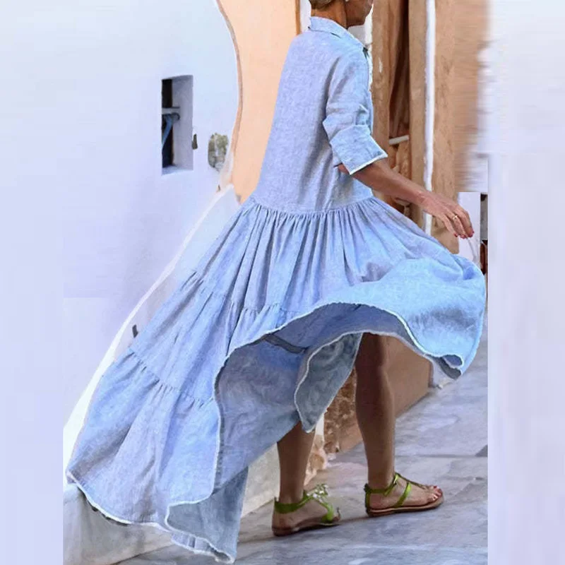 Vintage Femme Fashion Casual Boho Dress Turn-down Collar Patchwork Fold Loose Swing Long Dress Pure Color Women Shirt Beach Robe
Vintage Femme Fashion Casual Boho Dress Turn-down Collar Patchwork Fold Loose Swing Long Dress Pure Color Women Shirt Beach Robe