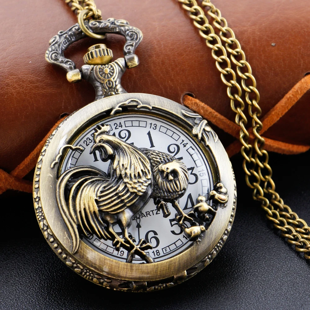 

Hollow Carved Animal Chicken Steampunk Quartz Pocket Watch Retro Fob Chain Pendant Necklace for Men and Women Holiday Gifts