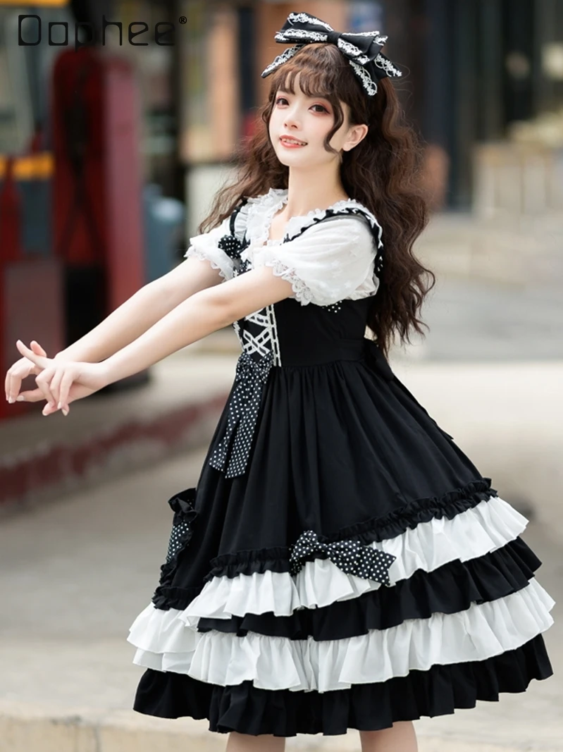 

Lolita Style Clothes Sweet Sleeveless Slip Dress 2024 Summer New Cute Cool Jsk Black Mid-length Cake Suspender Dresses for Women