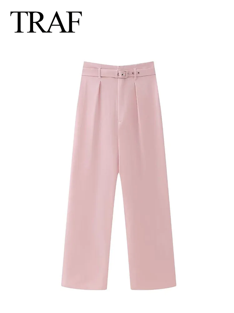 

TRAF Woman's Spring New Fashion Chic Pants Pink High Waist Belt Decoration Button Zipper Trousers Female Casual Long Pants