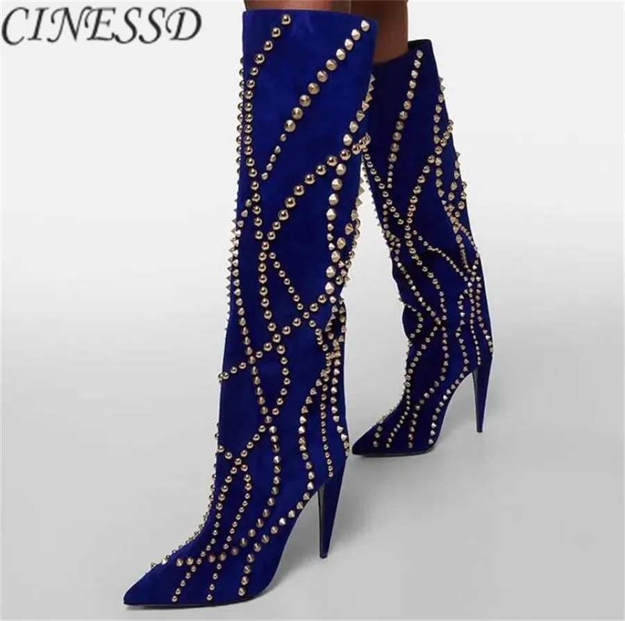 

2024 Fashion Lady Party Studs Boots Suede Rivets Blue Knee High Leather Boots Women Stiletto High Heel Sexy Pointed Toe Shoes