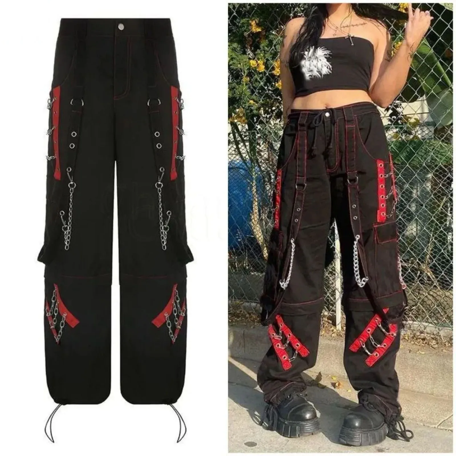 

Retro Dark Style Cool Webbing Chain Women'S Straight Cargo Pants Contrasting Splicing Wide Leg Pants Hip Hop Streetwear Pants