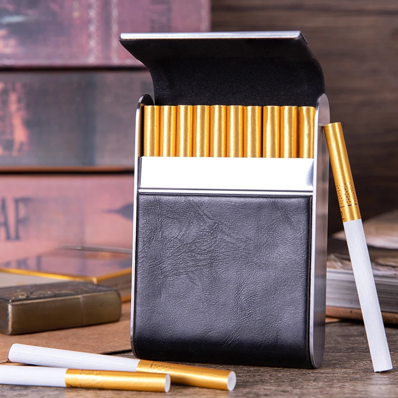 

Holds 20 Cigarettes PU Leather Storage Box Stainless Steel Clamshell Cigarette Case Smoking Accessories Men Gift