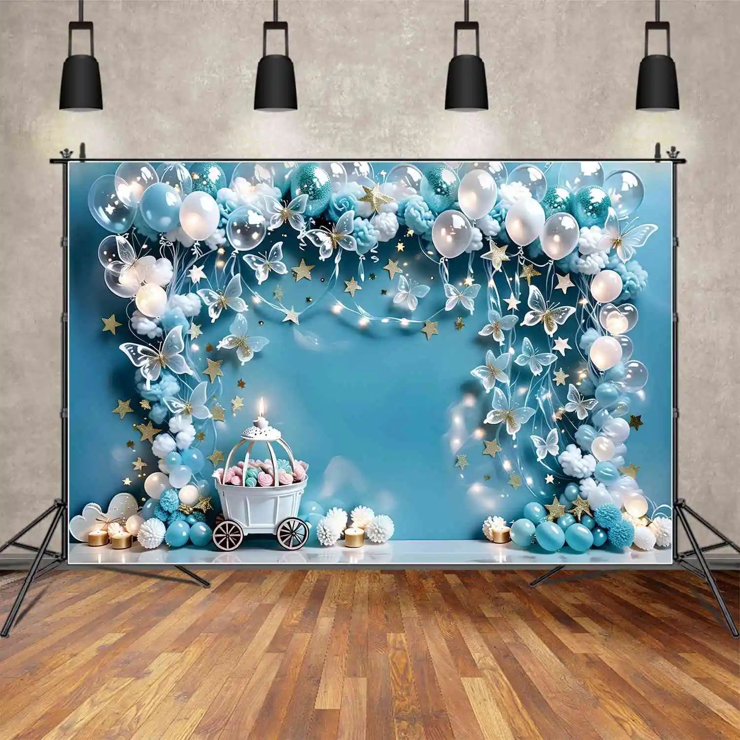 

Фон MOON.QG для детского дня рождения с изображением бабочки воздушных шаров для мальчиков конфет корзины звёзд гирлянды синего цвета реквизит для фотосъемки