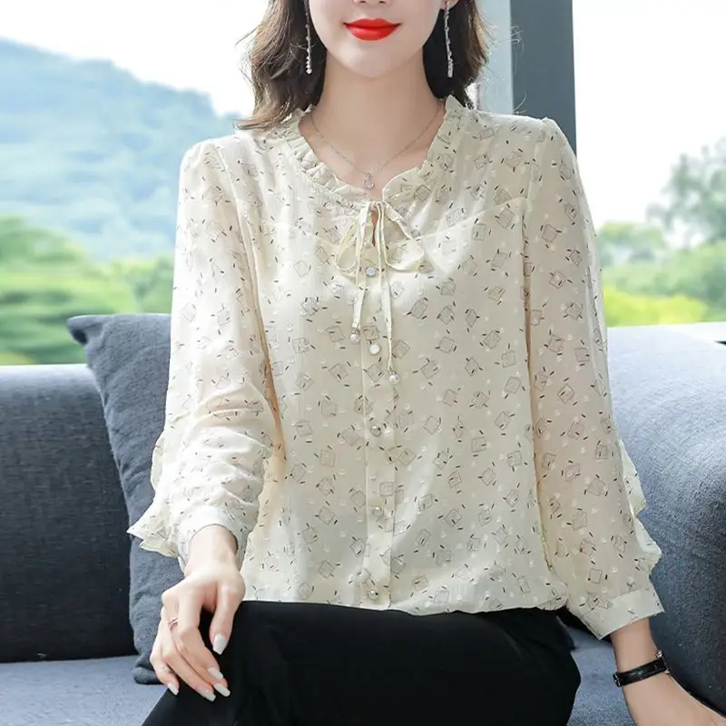 

French Casual Long Sleeve Stand Collar 2023 Spring New Floral Ruffles Spliced Button Simplicity Commute Loose Fashion Blouse