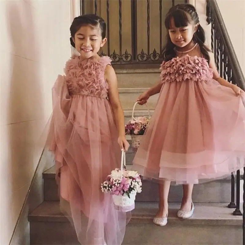 

Flower Girl Dress Pink Fluffy Layered Tulle Lace Applique Wedding Elegant Flower Child's First Eucharistic Birthday Party Dress