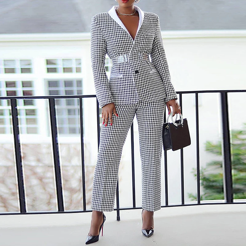 Fashion Lapel Collar Button Blazer & Pencil Pants Sets Commute Women Plaid Print Outfits Elegant Long Sleeve Slim Two-piece Set 
Fashion Lapel Collar Button Blazer & Pencil Pants Sets Commute Women Plaid Print Outfits Elegant Long Sleeve Slim Two-piece Set