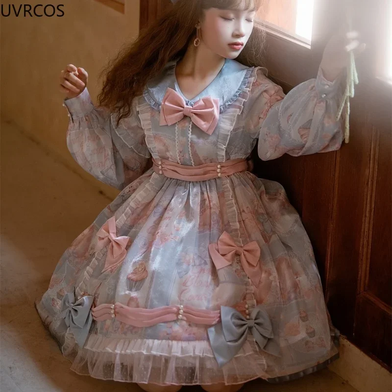 

Японское платье сладости Лолита, женское розовое милое платье с бантом и принтом кролика, милое кружевное платье принцессы, сказочное платье в стиле Харадзюку для девочек
