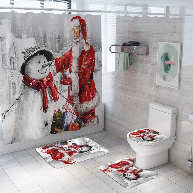

штора в ванную Набор занавесок для душа с Санта-Клаусом и снеговиком, нескользящий коврик для ванной, коврик, водонепроницаемая подушка для сиденья унитаза, коврик для ванной, Рождественское украшение