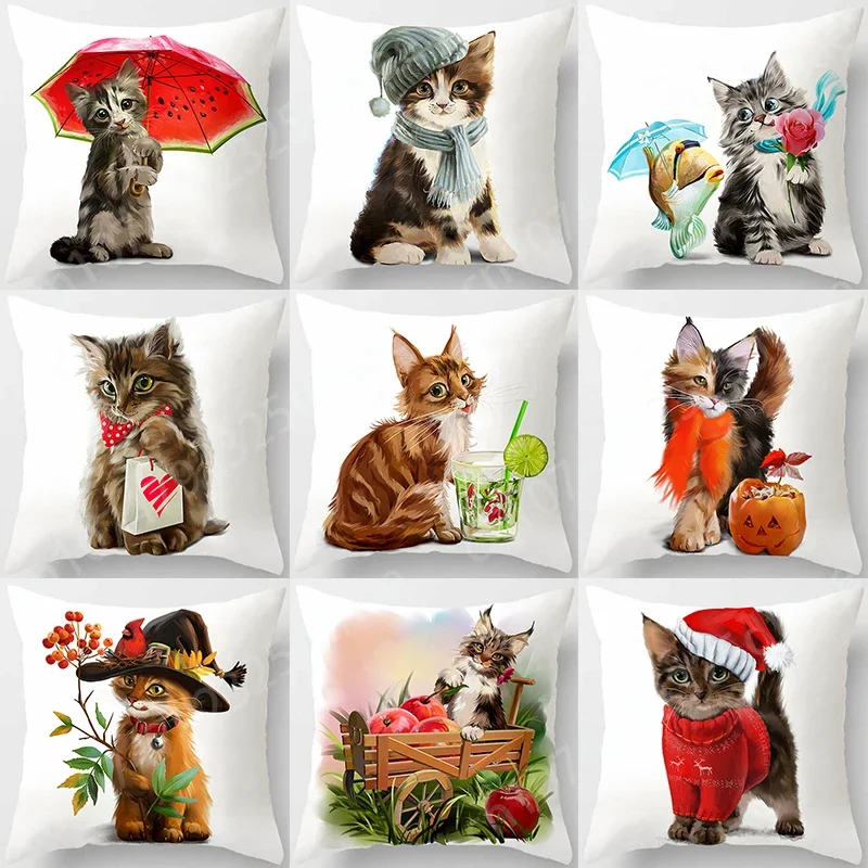

Cat Pillow Case Home Decorative Living Room Cushions 45x45cm Cute Pet Animal Print Peachskin Pillows for Sofa Car Accessories