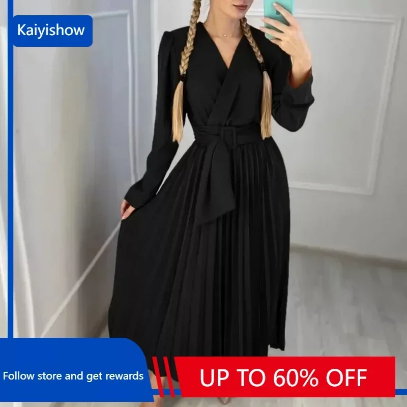 

Women Wrap V-neck with Sashes Pleated Big Swing Maxi Dress 2023 Autumn Vintage Long Vestidos Evning Party Dresses