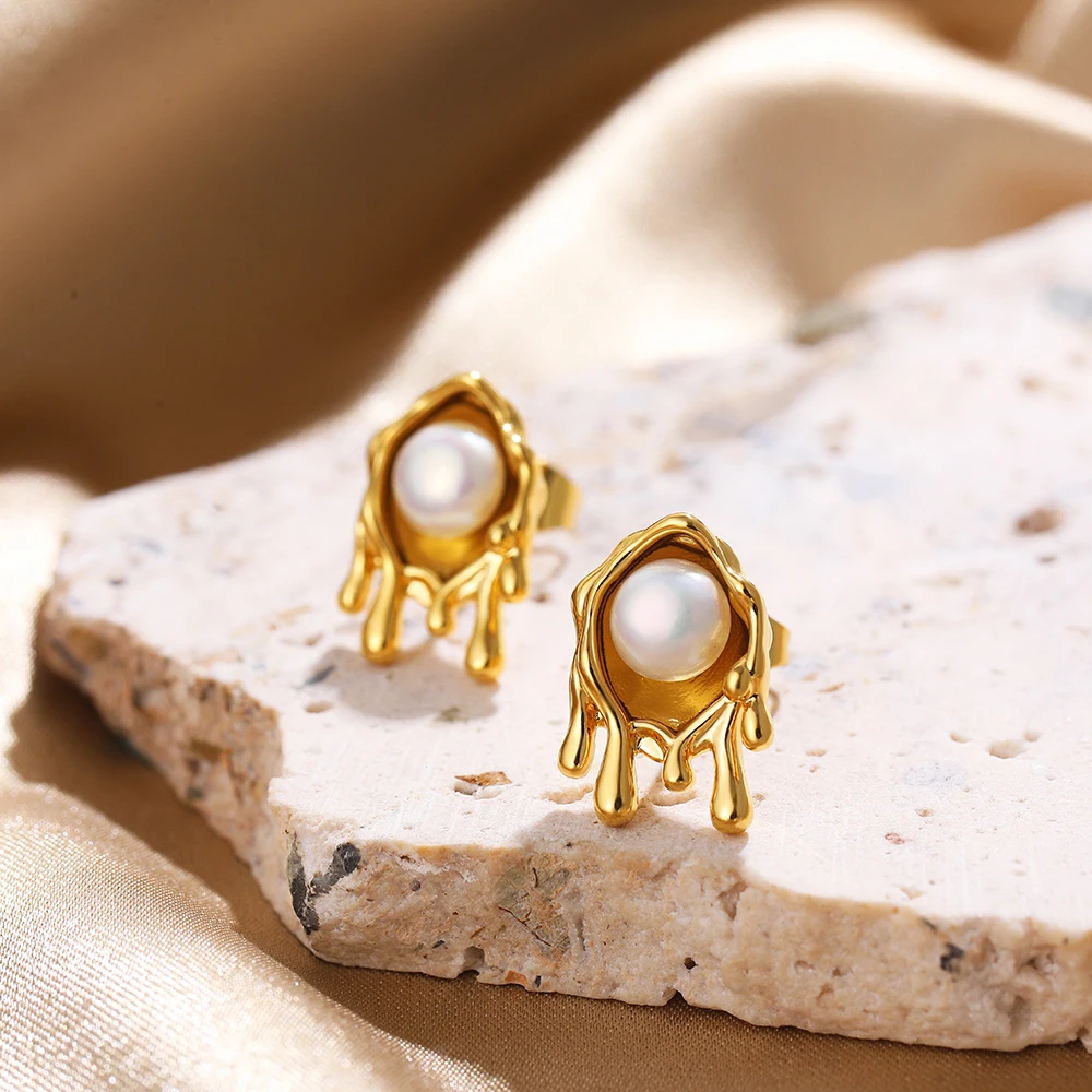 Creative Stainless Steel Gold Plated Stud Earring Personality Dripping Honey Freshwater Pearl Earrings for Women Fashion Jewelry 14 S6cf979db11924d6fbdda73faaae6e52aJ