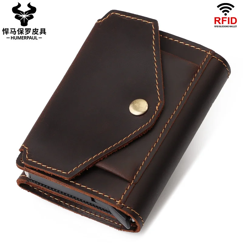 

Credit card set Crazy Horse Leather RFID anti-theft swiping bag multi-functional automatic pick-up box