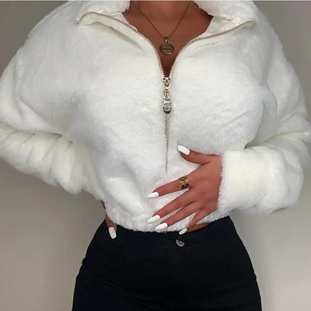 

Модная плюшевая теплая толстовка Y2K, Женский пуловер с длинным рукавом, свободный джемпер, верхняя одежда, белые пушистые топы, толстовки на молнии с воротником-стойкой