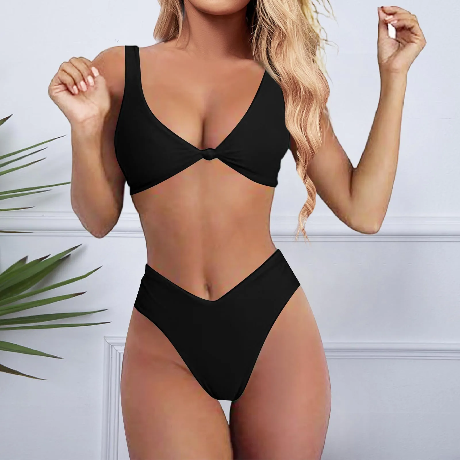 

Women Swimwear 2024 New High Waisted Bikinis Set Sexy Push Up Two Piece Swimsuits Vintage Solid Color Swimming Bathing Suit