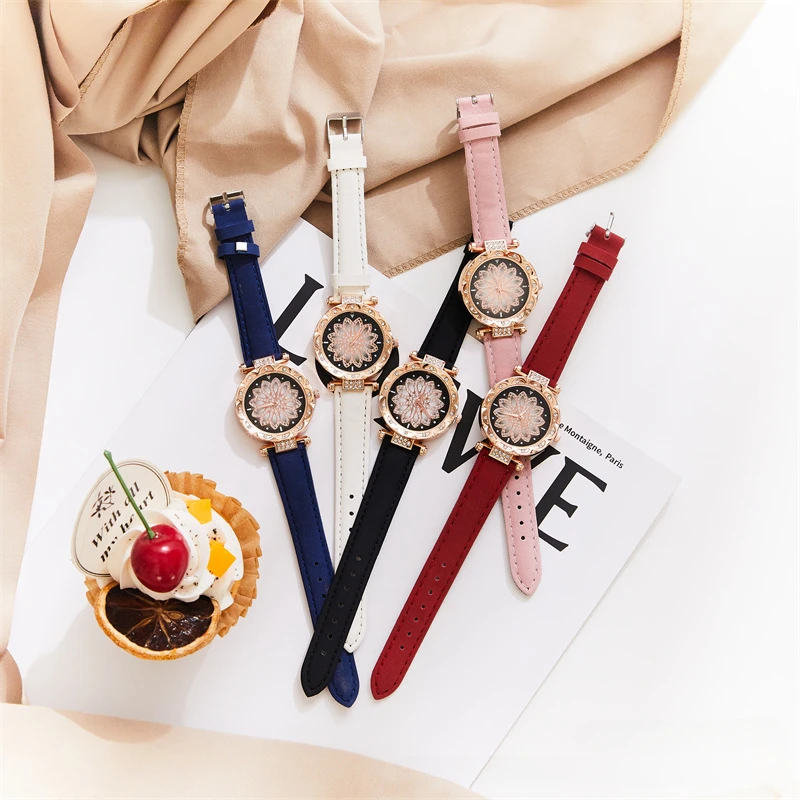 

Fashion Watches for Women Starry Sky Diamond Flower Quartz Women's Watch Leather Strap Quartz Wristwatches Relojes Para Mujer