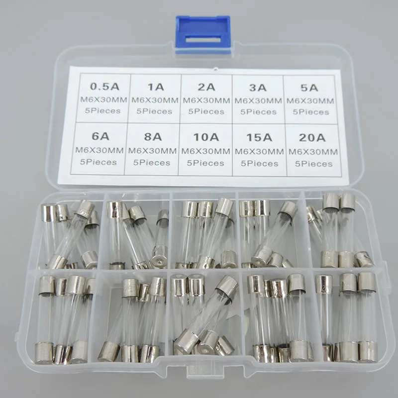 

50Pc/box 6x30mm slow Blow Glass Tube mix Fuse Assorted Box mix Kits T 0.5A 1A, 2A, 3A, 5A, 6A, 8A, 10A, 15A, 20A 3cm 6x30 r1