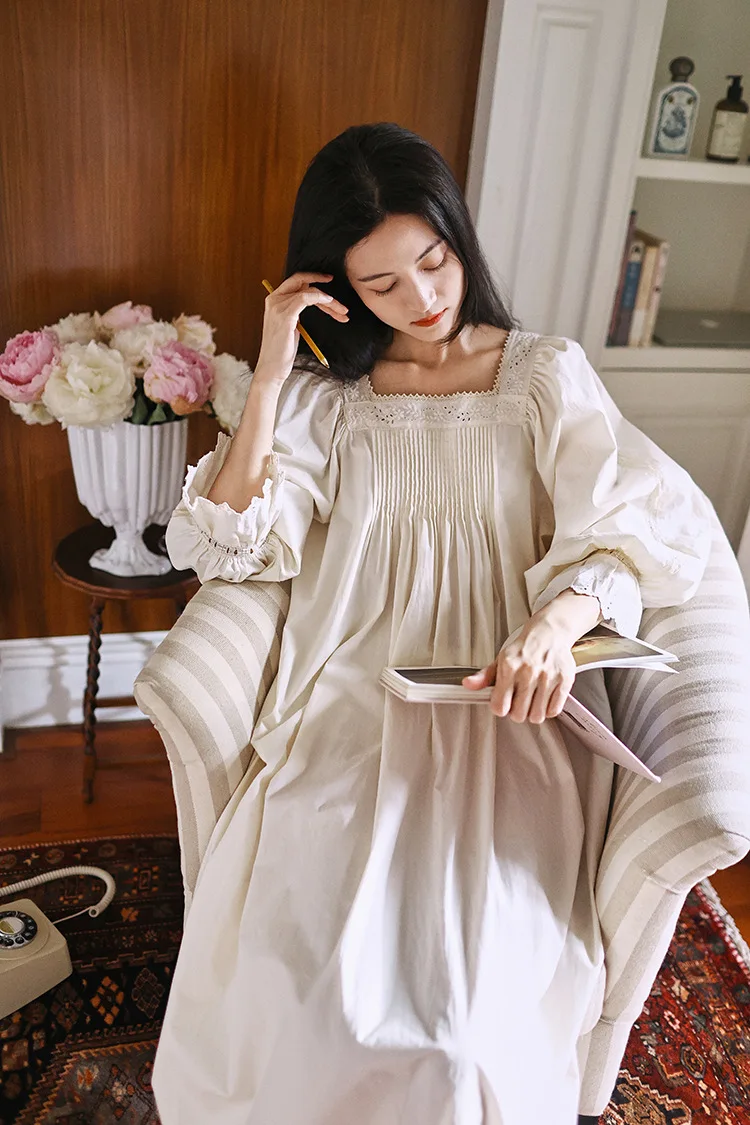 Vintage Soft Cotton Beige Long Nightgowns For Women Long Sleeve Elegant Nightshirts Comfortable Loose Sweet Night Dress 12 S6d060c293d6642889fce7294b6f61443n